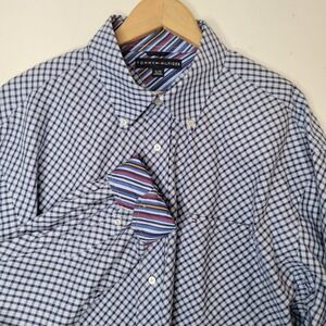 Tommy Hilfiger Mens Gingham Button Down Shirt Blue White Plaid Long Sleeve Sz XL